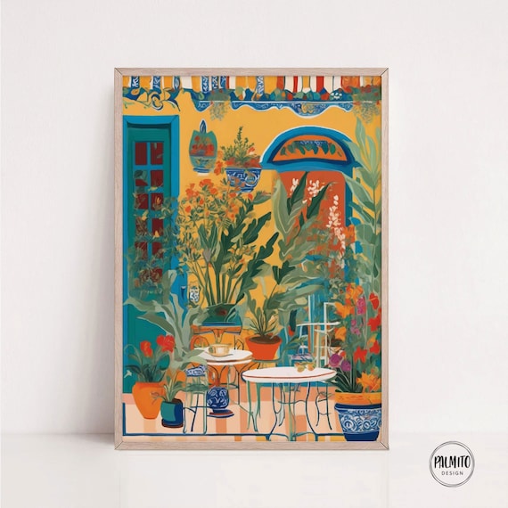 Colorful Coffee Shop Facade Art Print, Cafe Plants