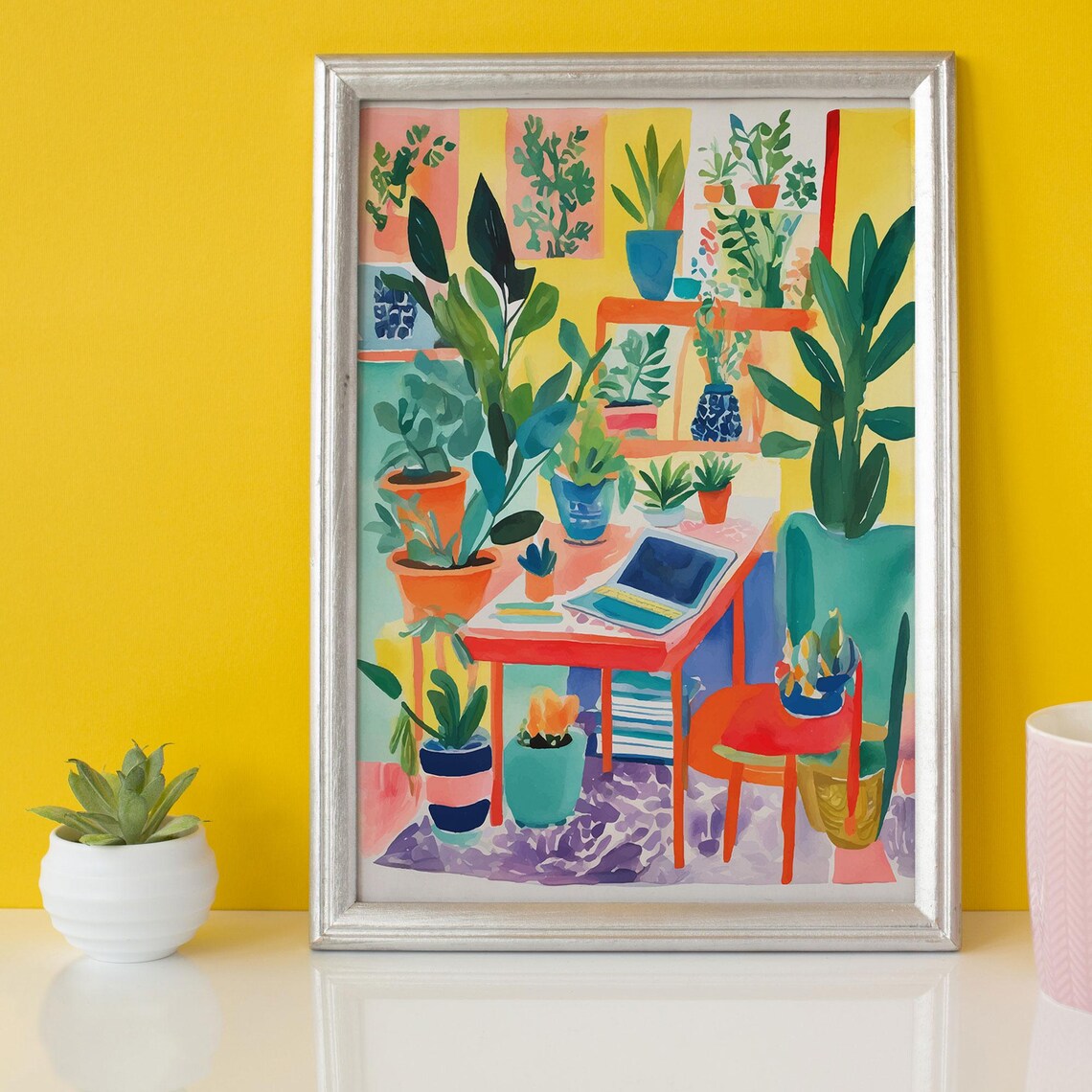 Cozy Plant Filled Desk Corner Laptop Illustration Art Poster - Image 2