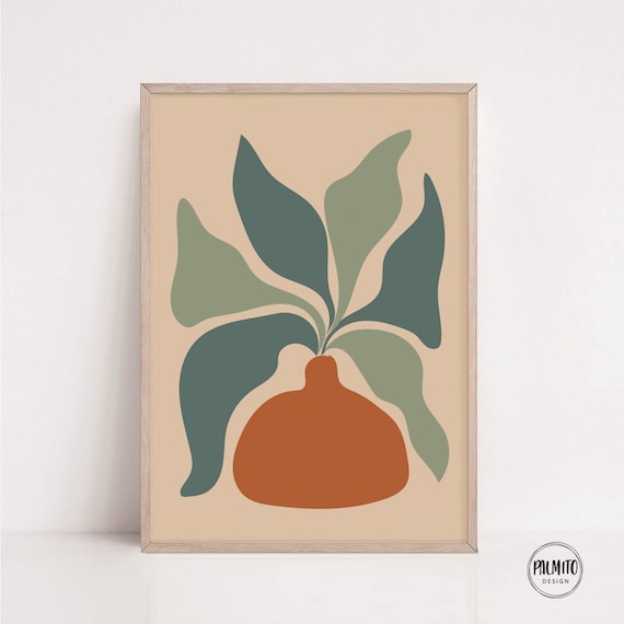 Terracotta Vase Green Wavy Leaves Beige Botanical Still Life Poster