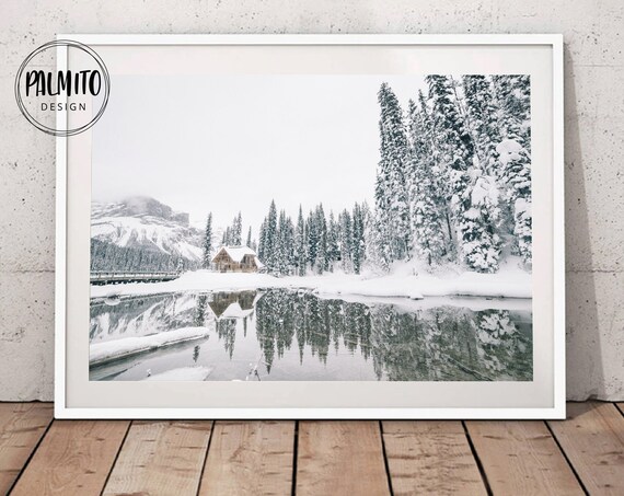 Winter Log Cabin and Pine Trees Art Print