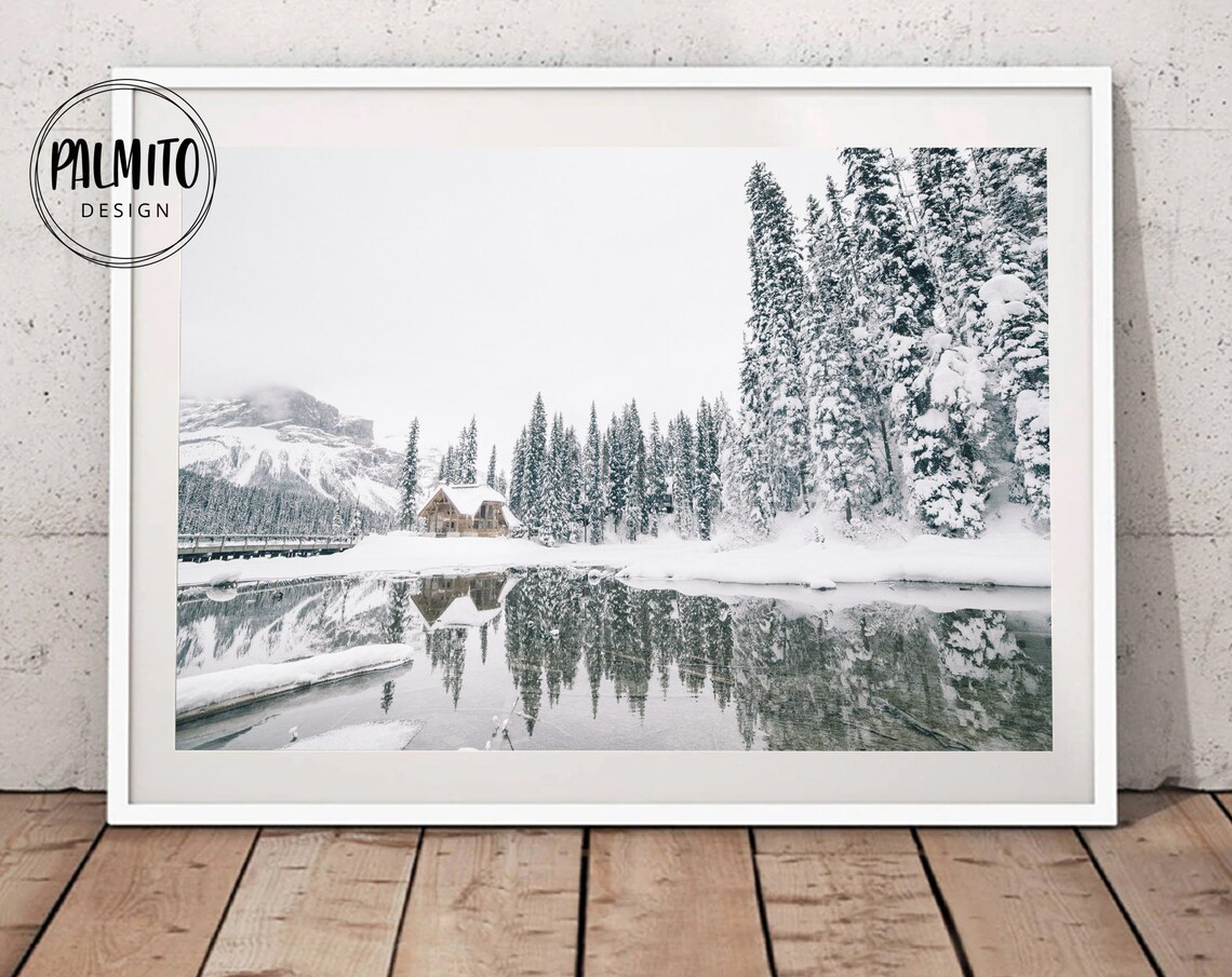 Winter Log Cabin and Pine Trees Art Print