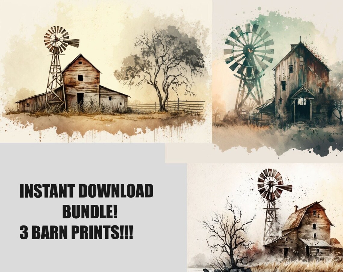 Old Barn with Green Windmill Watercolor Farmhouse Wall Poster - Image 4
