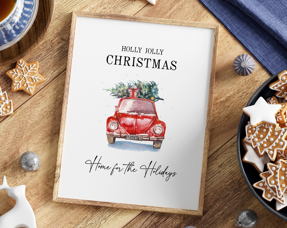 Red Christmas Car Watercolor Painting, Holiday Decor
