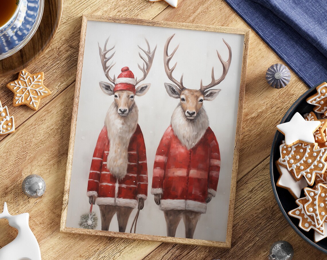 Funny Reindeer Couple in Red Coats Whimsical Christmas Animal Poster