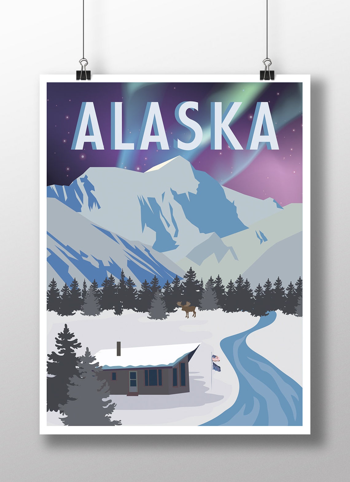 Alaska Northern Lights Snowy Cabin Moose Mountains Retro Travel Poster
