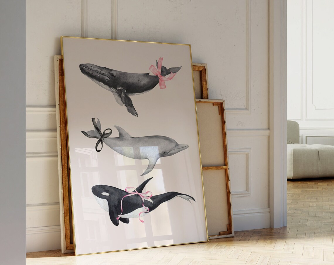 Whale Dolphin Orca Watercolor Bow Cute Girly Coastal Wall Art - Image 4