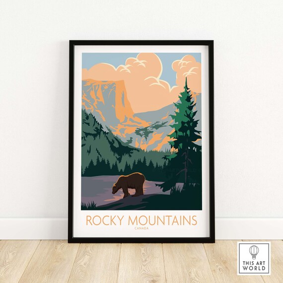 Rocky Mountains Canada Bear by Lake Vintage Nature Travel Poster