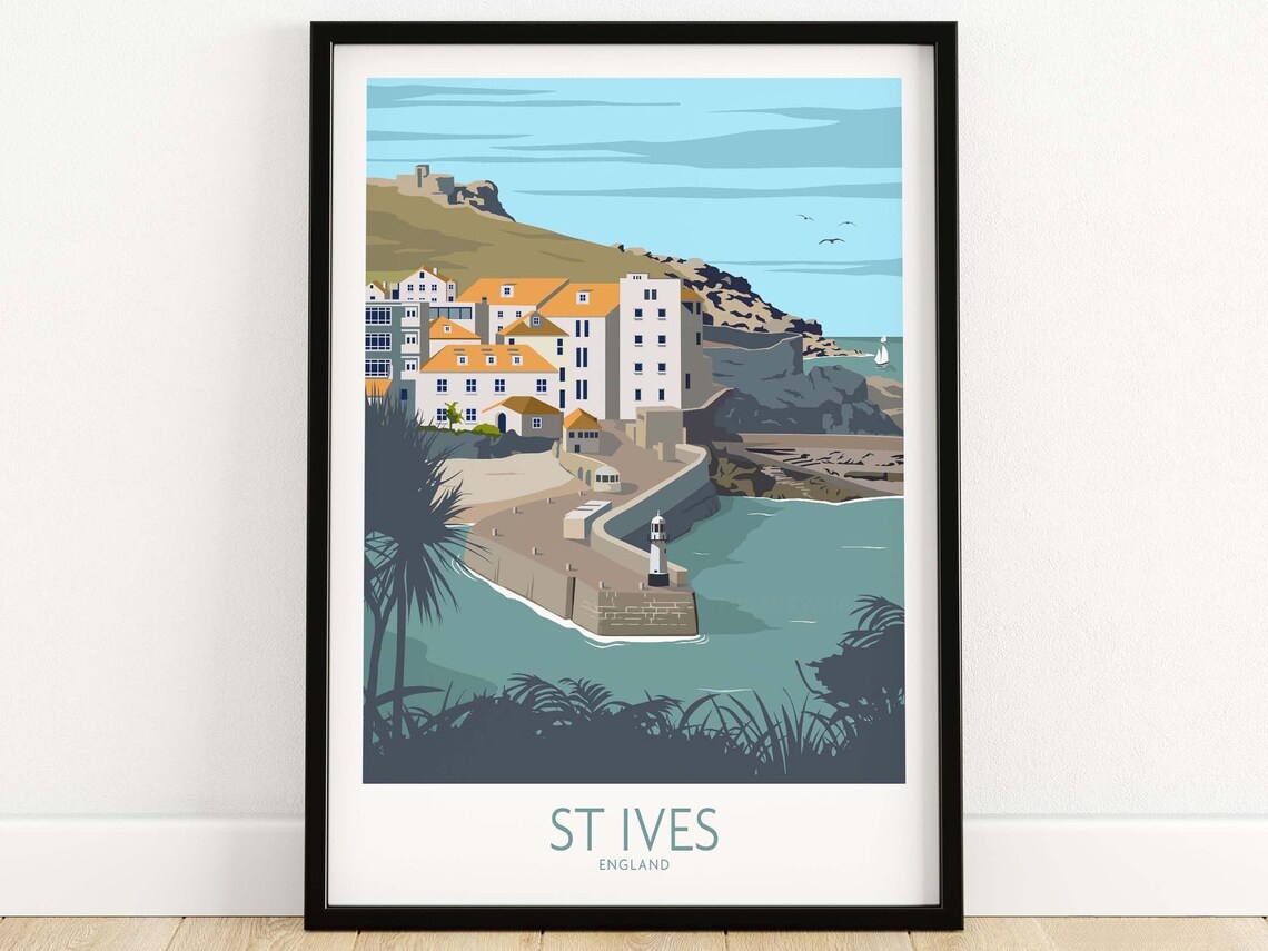 St Ives England Harbor Town Lighthouse Vintage Travel Poster