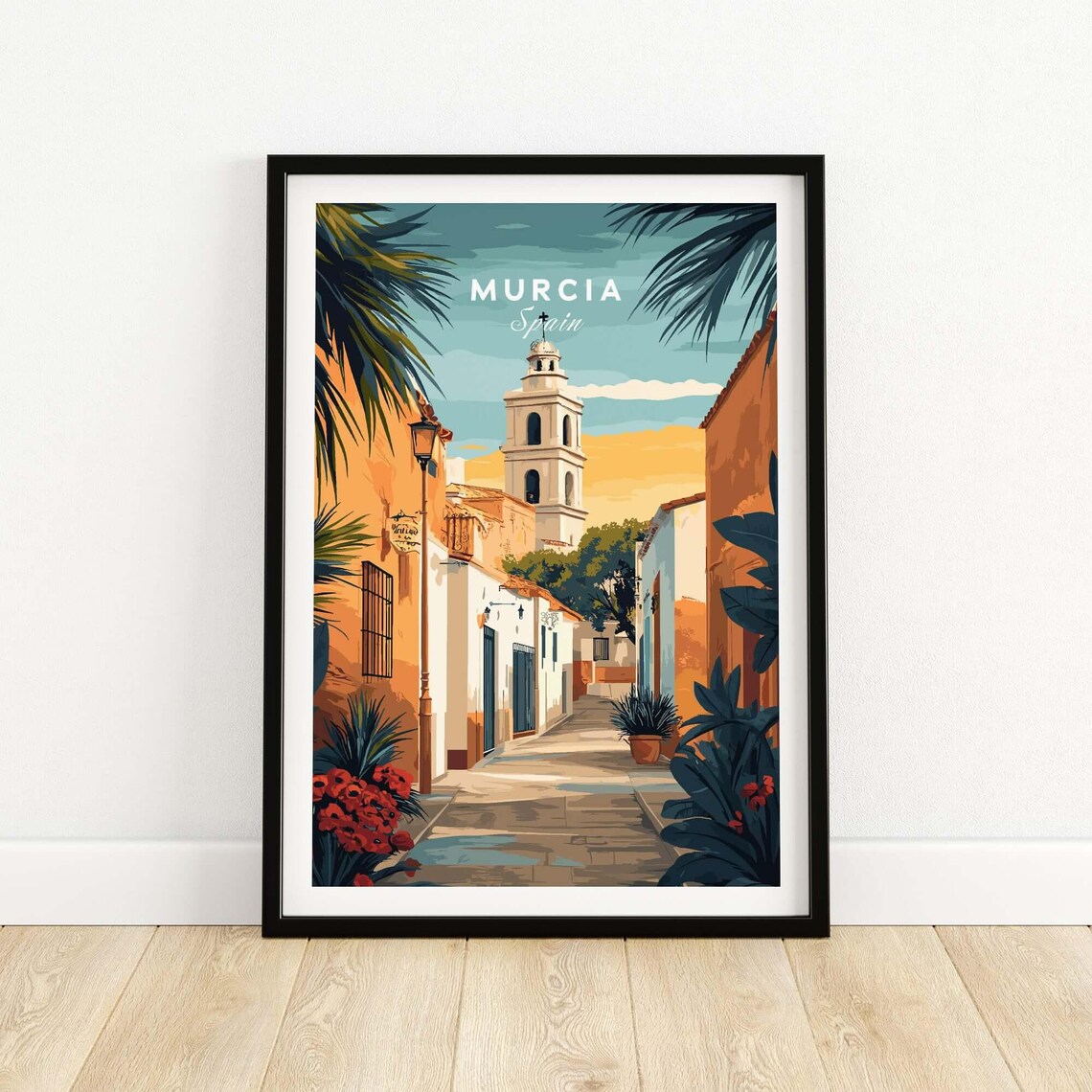 Murcia Spain Golden Sunset Old Town Street Vintage Travel Poster