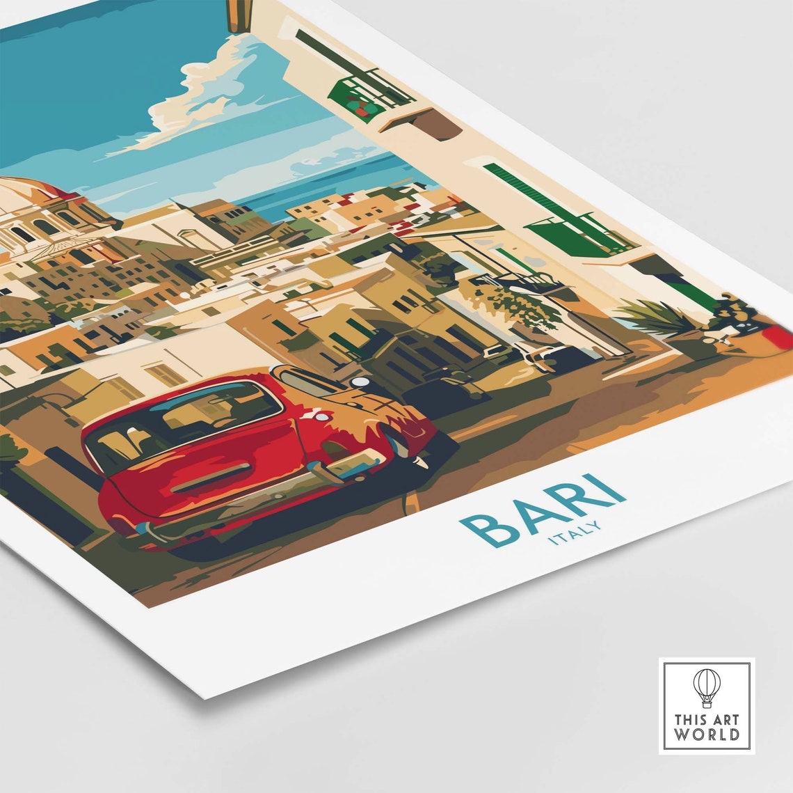 Bari Puglia Old Town Street Vintage Red Car Cathedral View Poster - Image 4