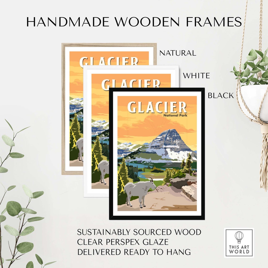 Glacier National Park Mountain Goat Snowy Peak Valley View Poster - Image 2