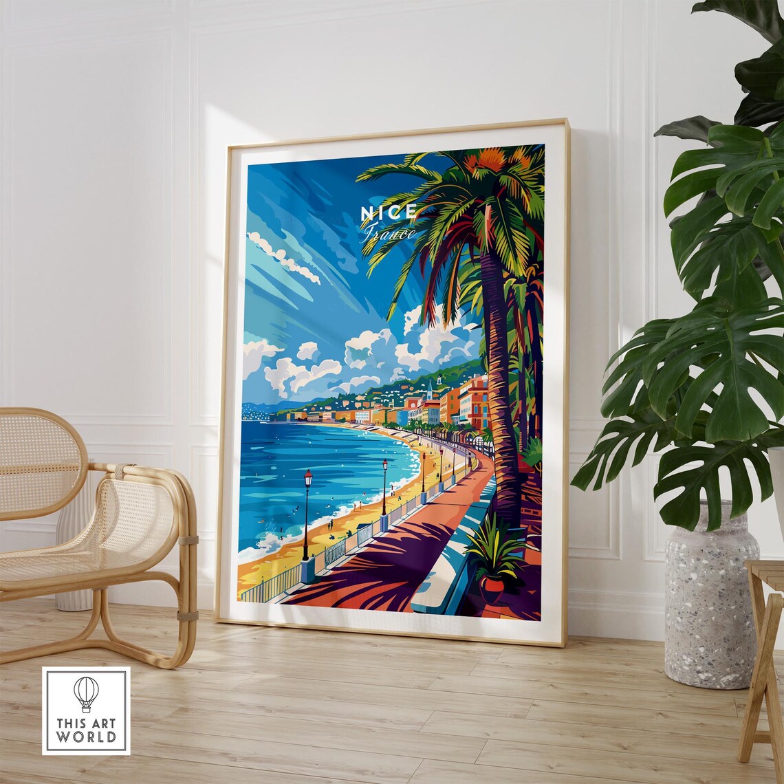 Nice France Sunny Bay Beach Promenade Lamps Palm Art View Poster - Image 2
