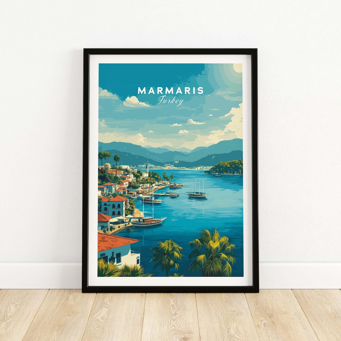 Marmaris Turkey Sunlit Bay With Sailboats and Palm Coast Travel Poster
