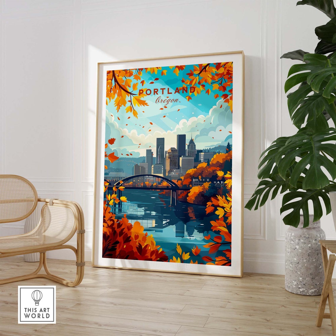 Portland Oregon Autumn Leaves Skyline Bridge River Fall Art Poster - Image 3