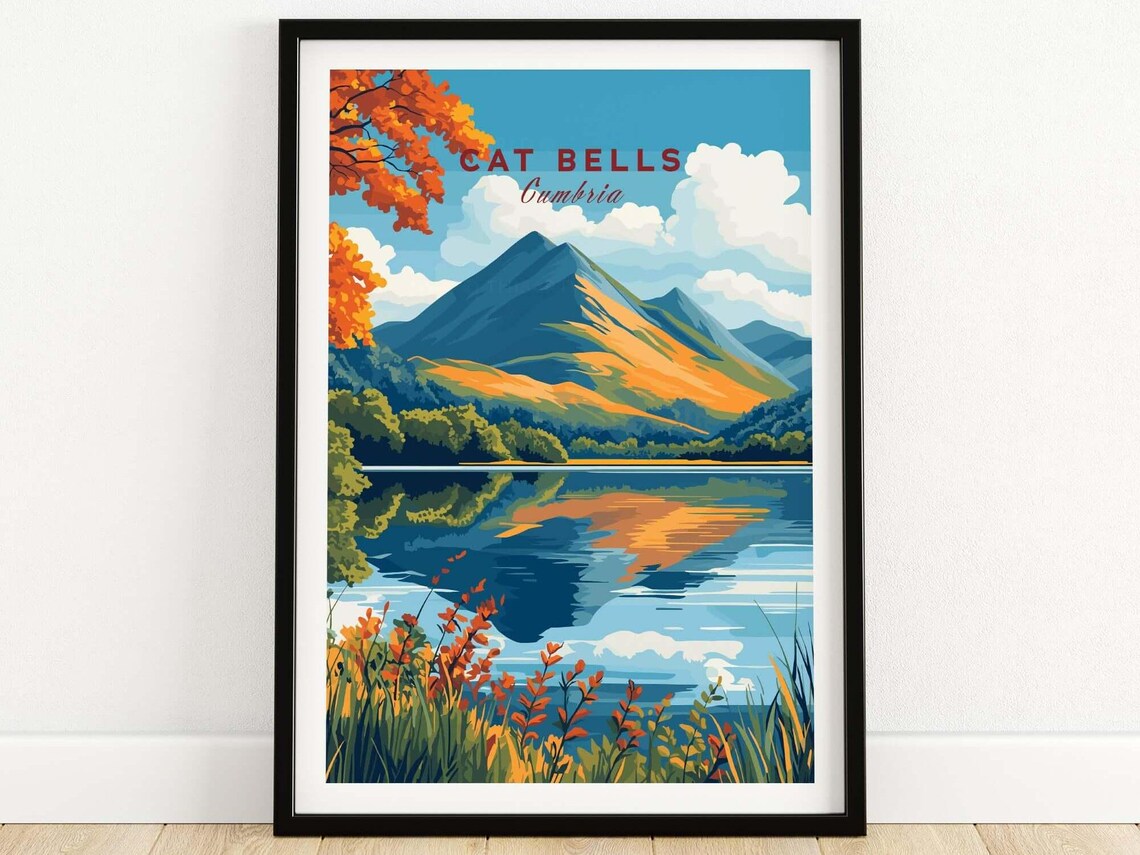 Cat Bells Cumbria Autumn Mountain Reflection Lake District Travel Poster