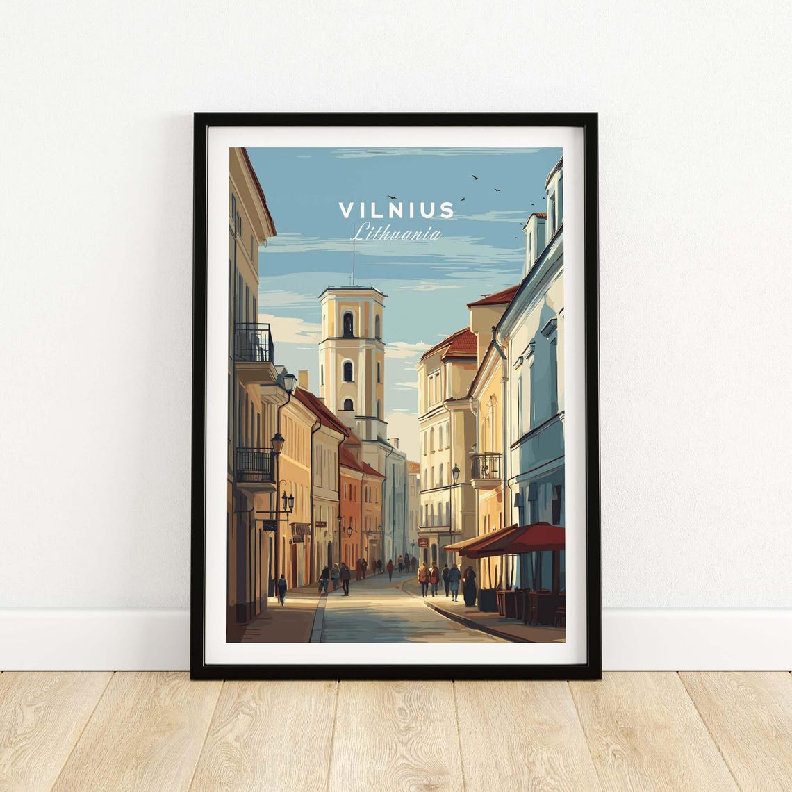 Vilnius Lithuania Old Town Street Bell Tower Retro Travel Poster