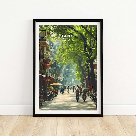 Hanoi Vietnam Old Street Script Lettered Vintage Travel Poster Asia Artwork
