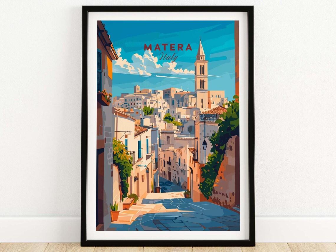 Matera Italy Ancient Stone Town Street Vintage Travel Artwork Poster