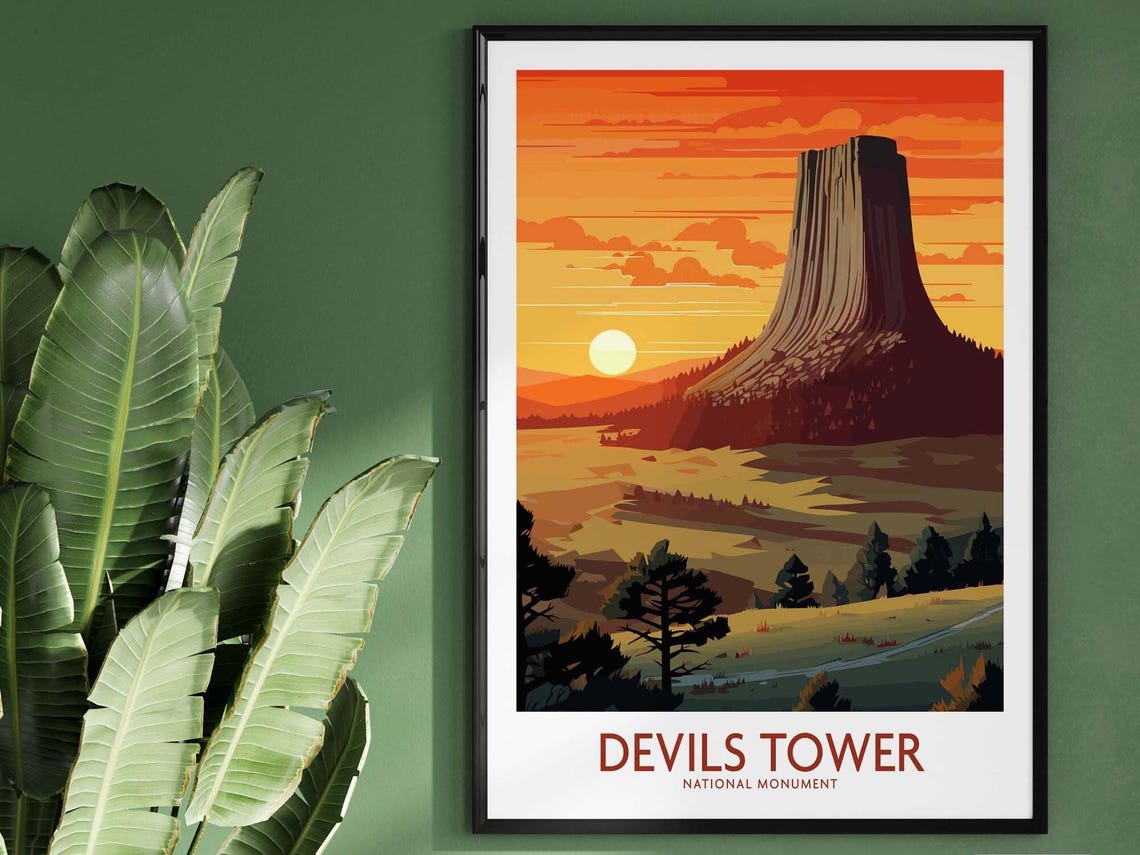 Devils Tower National Monument Wyoming Sunset Orange Sky Poster