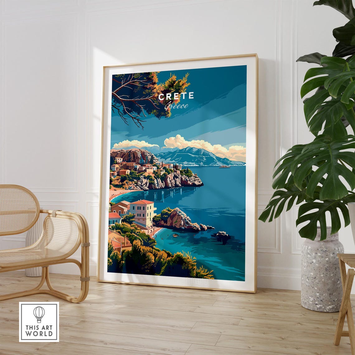 Crete Greece Coastal Village Cliffs Turquoise Sea Art Poster - Image 2