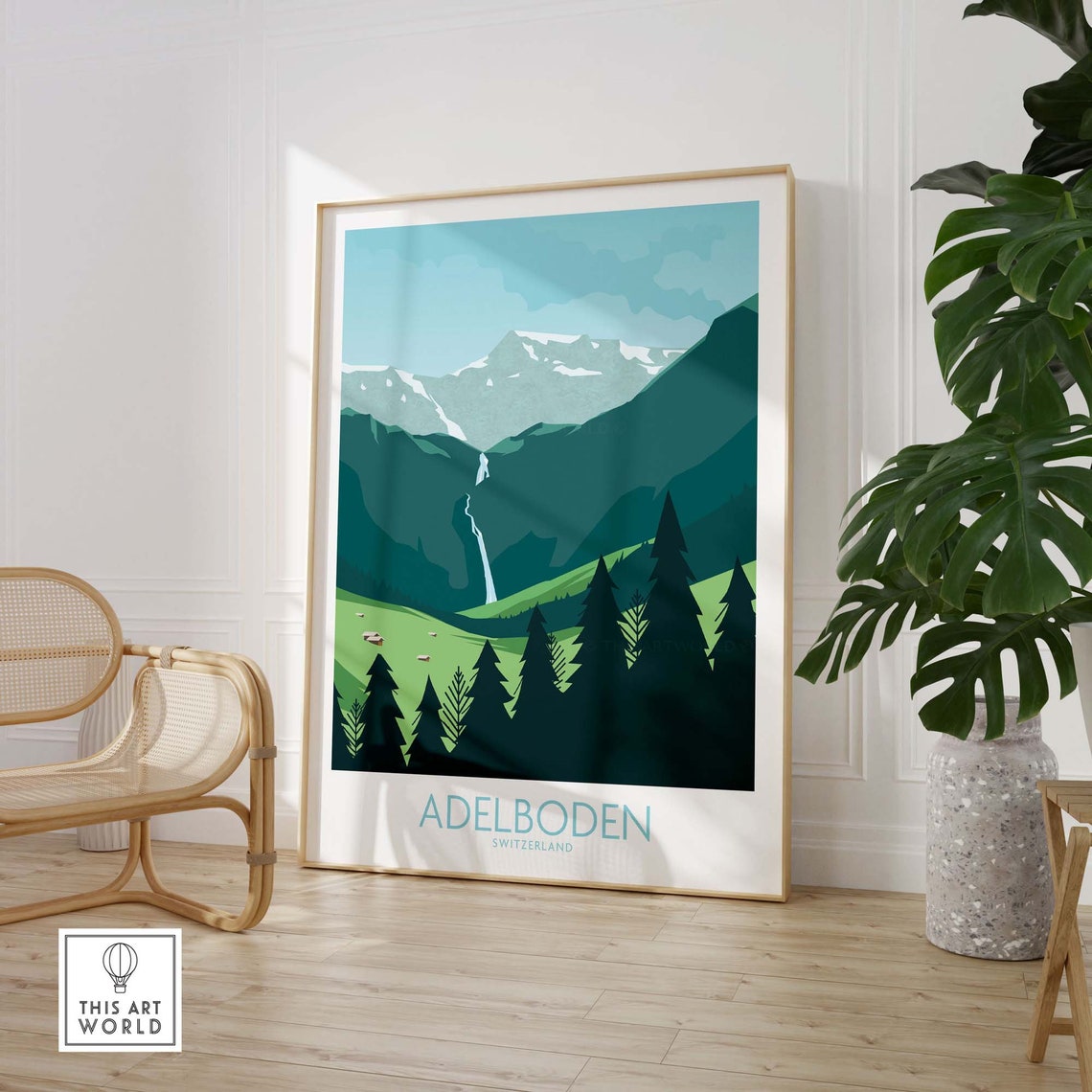 Adelboden Switzerland Alpine Valley Waterfall Meadow Travel Poster - Image 3