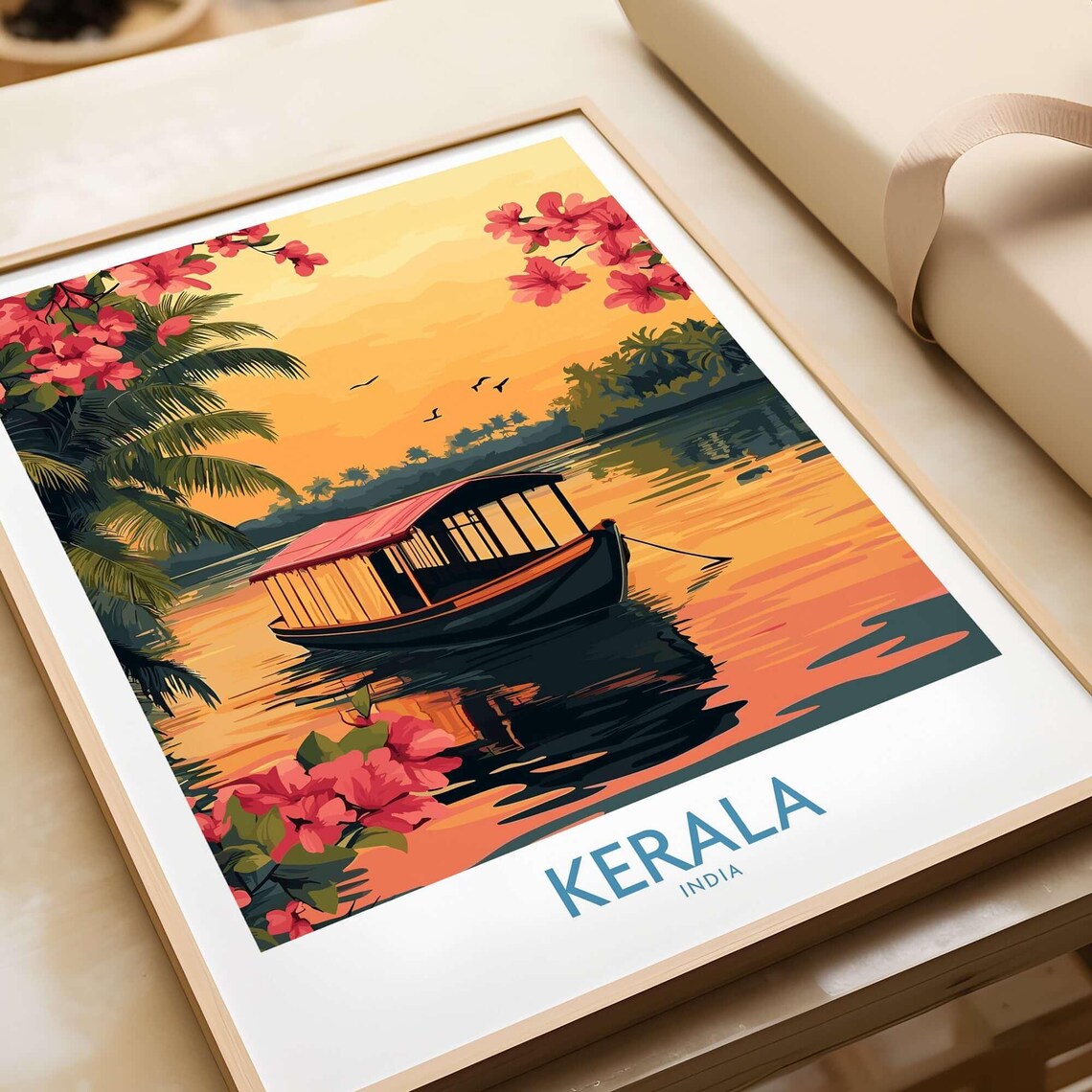 Kerala India Houseboat Sunset Backwaters Palms Travel Poster