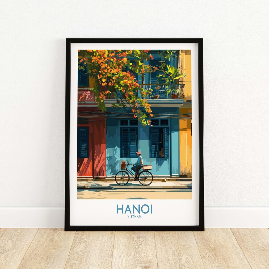Hanoi Vietnam Cyclist Street Scene with Blossoms Vintage Travel Poster