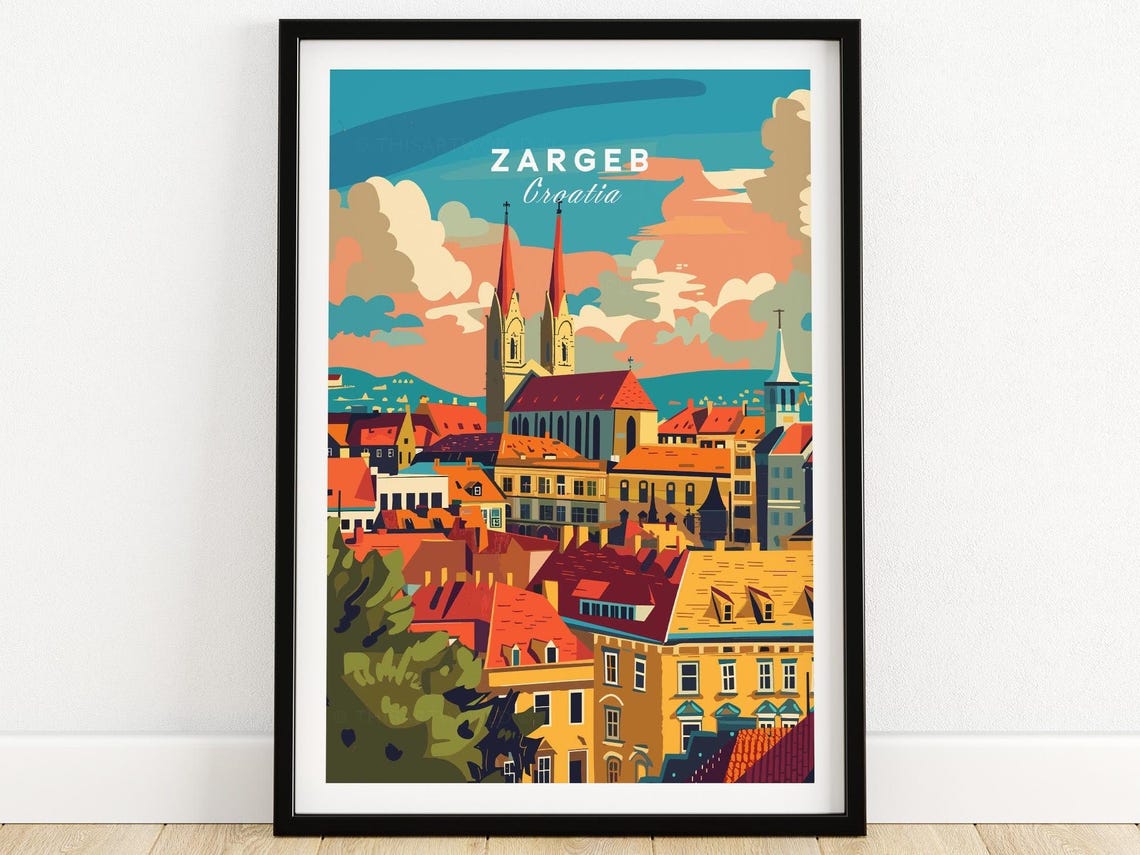 Zagreb Croatia Cathedral Skyline Old Town Rooftops Retro Poster