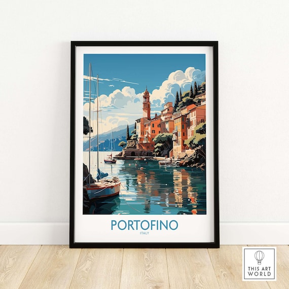 Portofino Italy Harbor Sailboats Pastel Village Retro Travel Poster