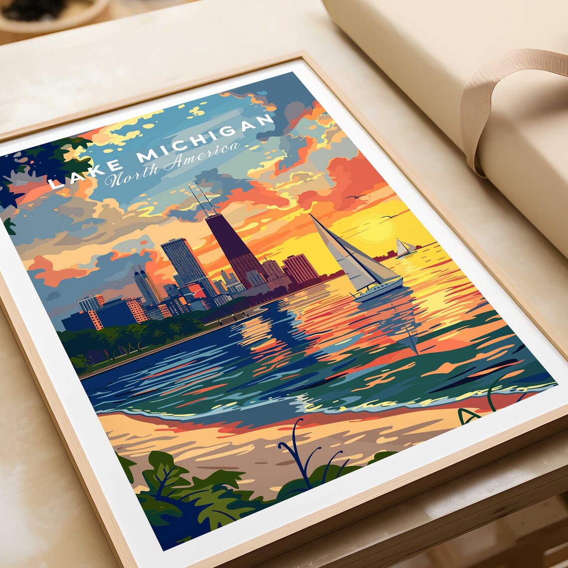 Lake Michigan North America Chicago Skyline Sunset Sailboat Poster - Image 4