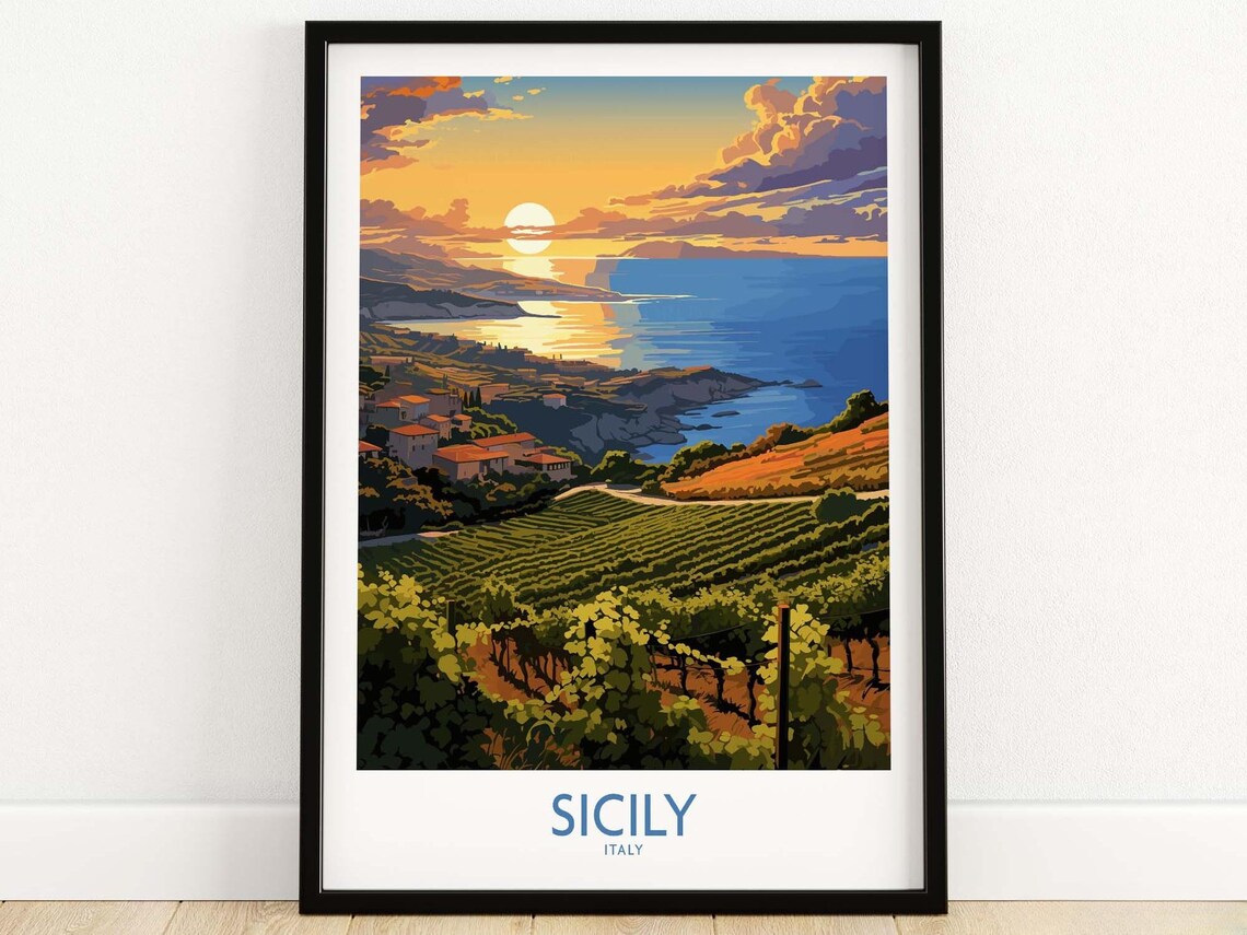 Sicily Italy Vineyard Hills Sunset Coast Vintage Travel Poster