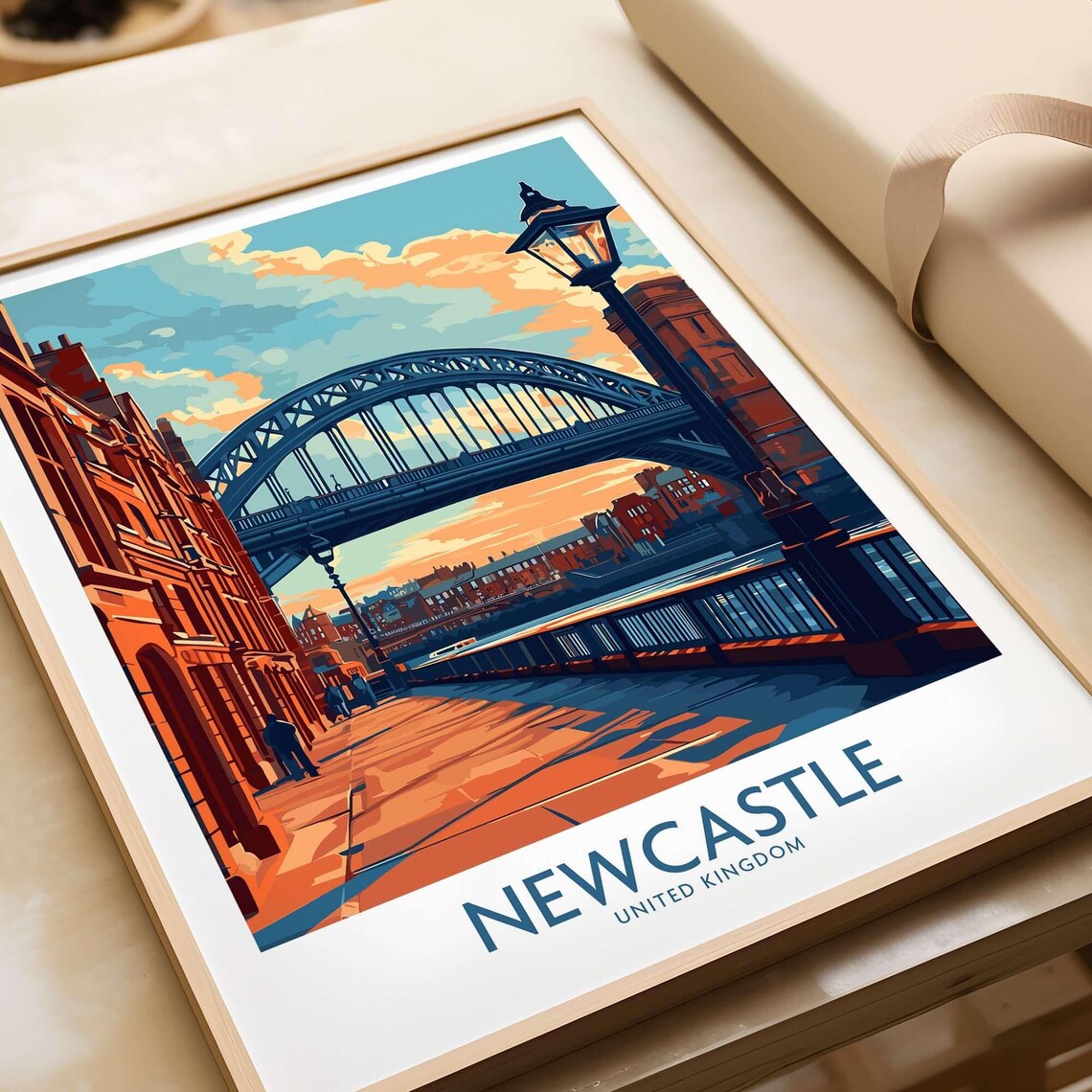 Newcastle UK Tyne Bridge Sunset Quayside Lamps Travel Poster