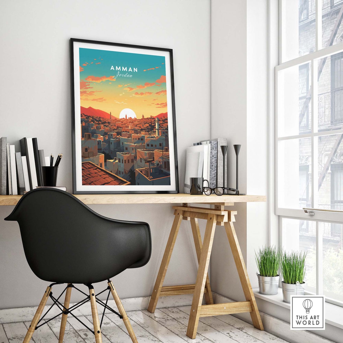 Amman Jordan Cityscape Sunset Minarets Rooftops Retro Travel Poster - Image 4