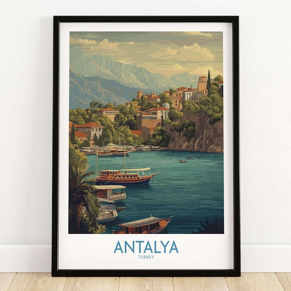 Antalya Turkey Harbor Taurus Mountains Vintage Coastal Travel Poster
