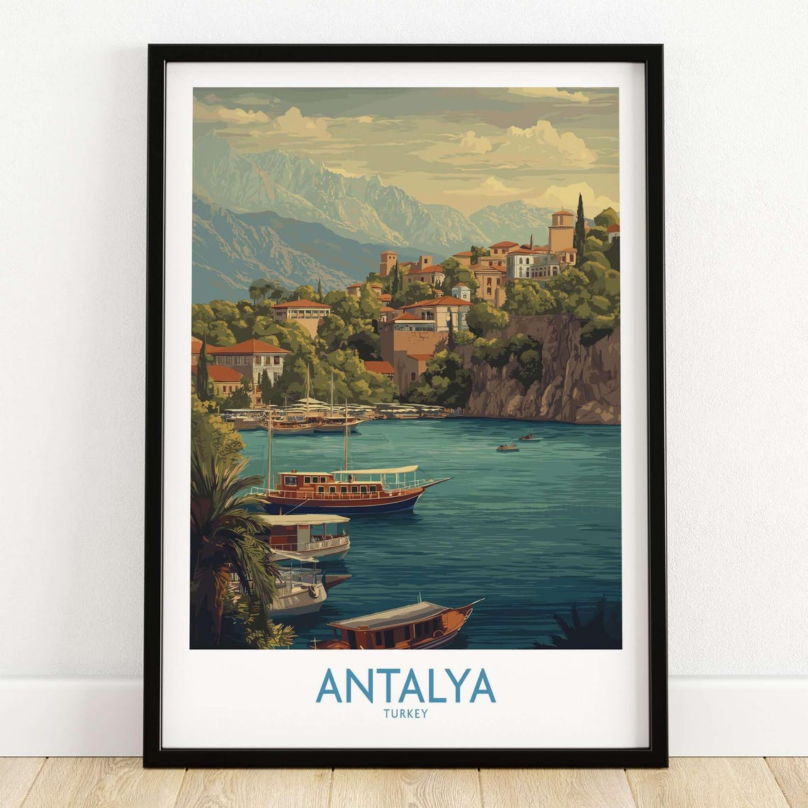 Antalya Turkey Harbor Taurus Mountains Vintage Coastal Travel Poster