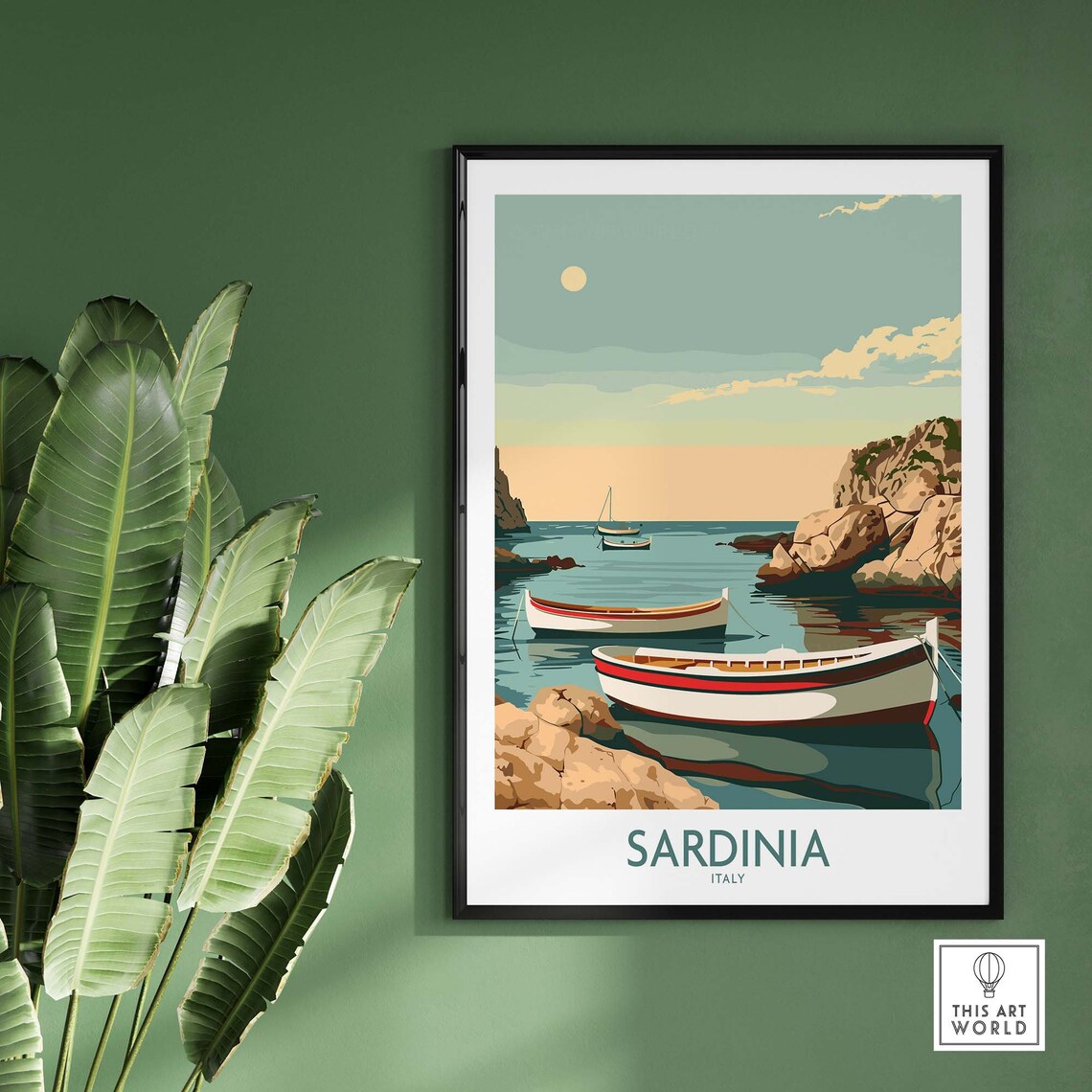 Sardinia Italy Fishing Boats Rocky Cove Sunset Calm Sea Poster - Image 2