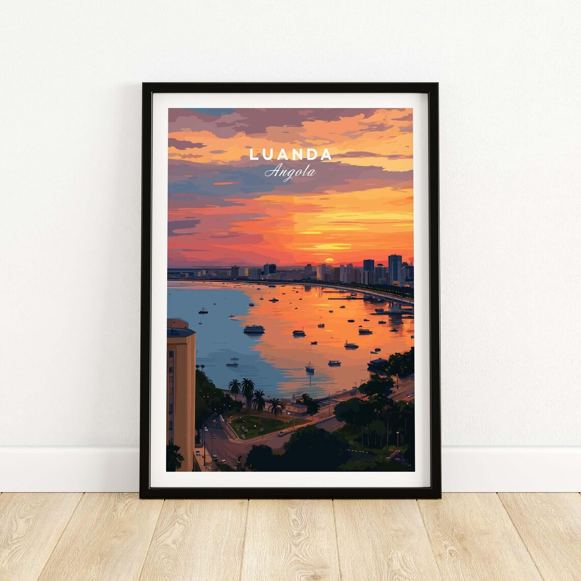Luanda Angola Golden Sunset Bay Boats Aerial Waterfront Travel Poster