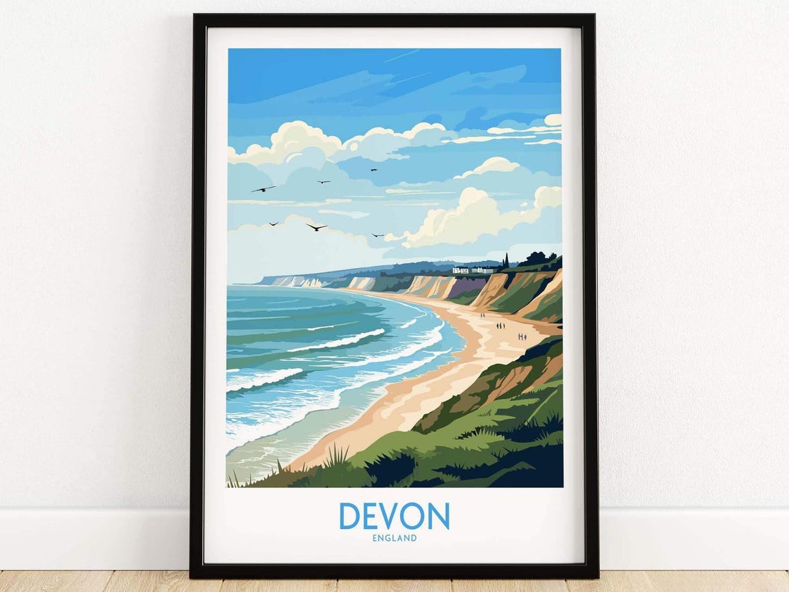 Devon England Coastal Cliffs Sandy Beach Sea Birds Travel Poster