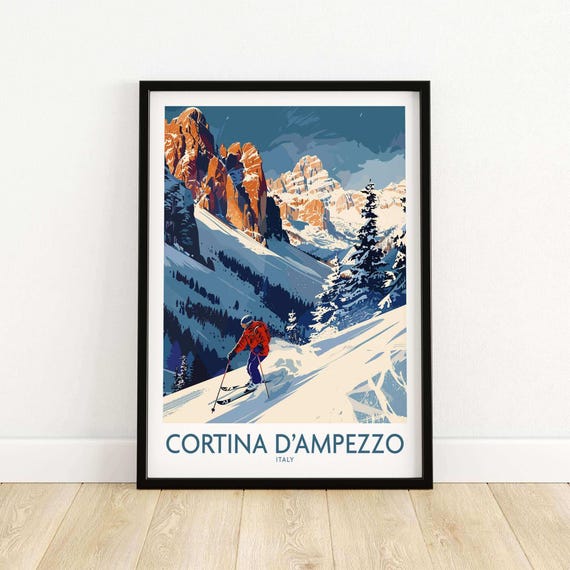 Cortina Dampezzo Ski Print Italy Mountain Art Lodge Wall Decor Winter Sports Artwork Home Chalet Gift Adventure Sport Resort