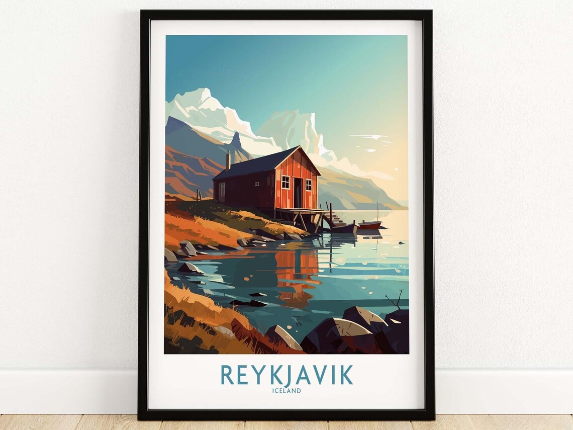 Reykjavik Iceland Red Fishing Cabin Fjord Mountain Scenic Poster