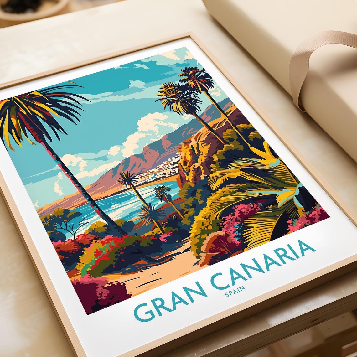 Gran Canaria Spain Palm Framed Cove Mountain Coastline Poster