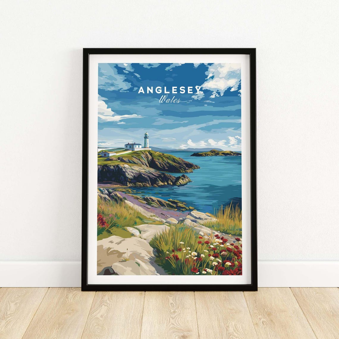 Anglesey Wales Lighthouse Wildflower Cliff Sea View Travel Poster
