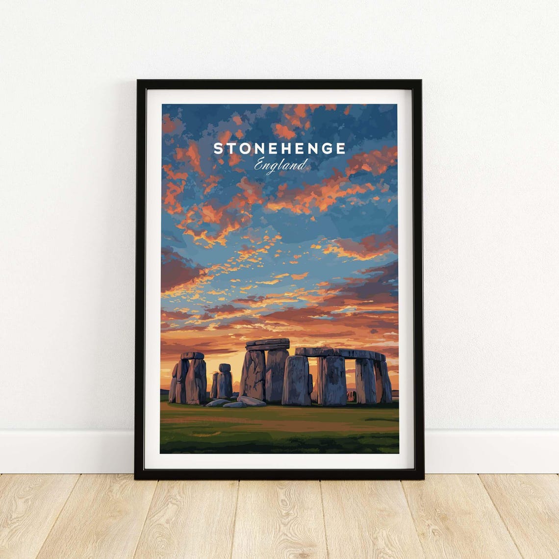Stonehenge England Dramatic Sunset Fiery Clouds Travel Poster