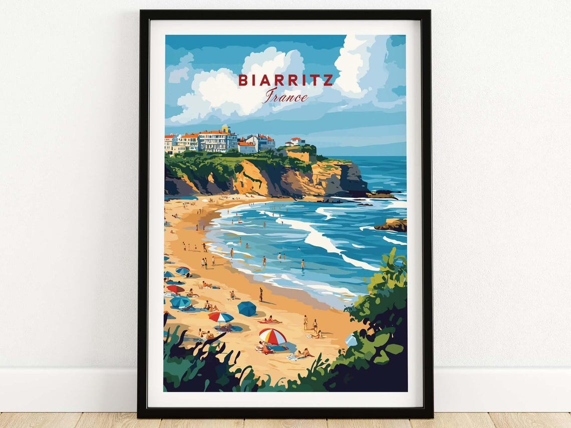Biarritz France Sandy Beach Umbrellas Cliffs Waves Travel Poster