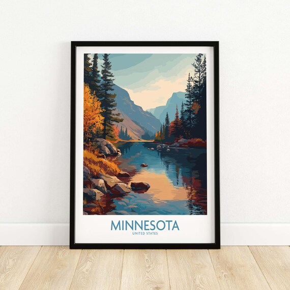 Minnesota Autumn River Golden Birches Pines Vintage Travel Poster