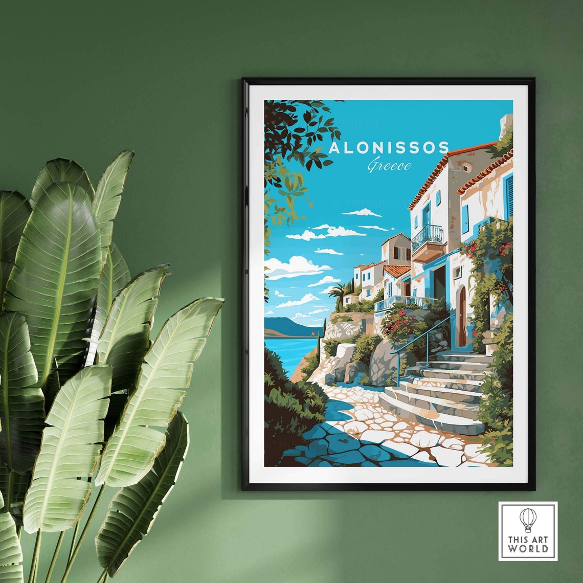 Alonissos Greece Whitewashed Village Alley Blue Shutters Poster - Image 2