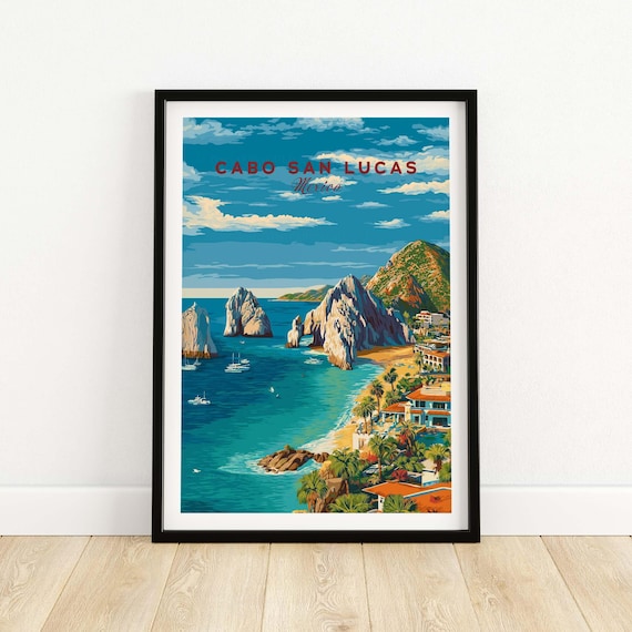 Cabo San Lucas Mexico Travel Print Coastal Town Beach Resorts Poster Wall Art Gift Lovers Illustration