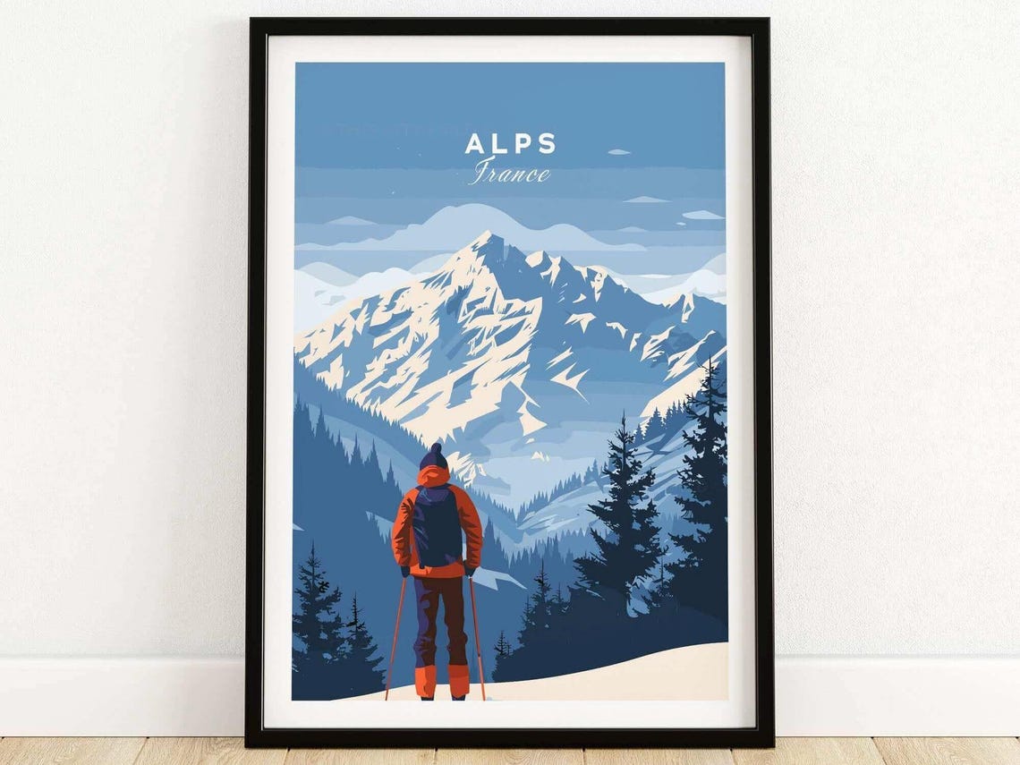 Alps Travel Poster, Ski Resort Winter Sports