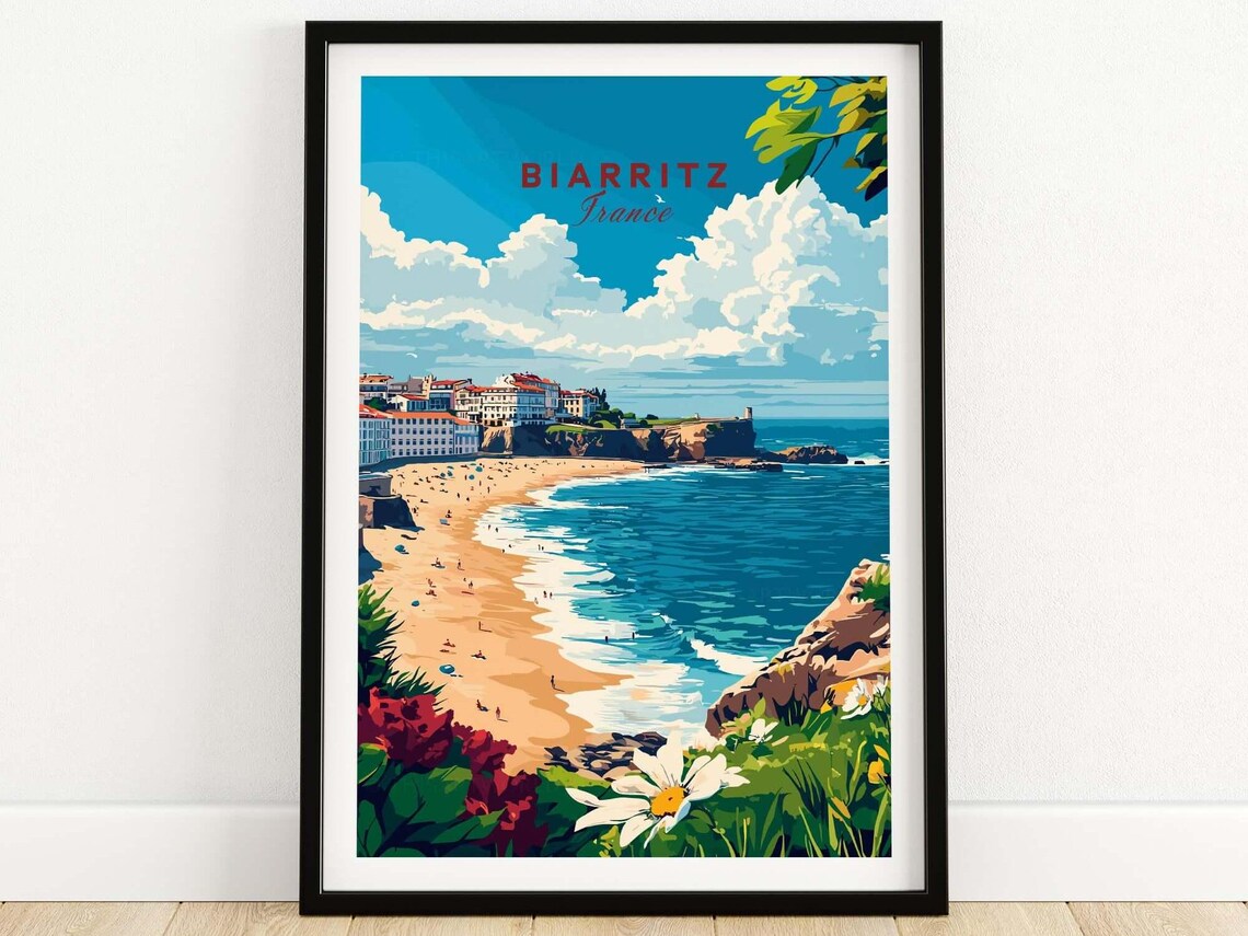 Biarritz France Beach Cliffs Coastal Town Vintage Travel Poster