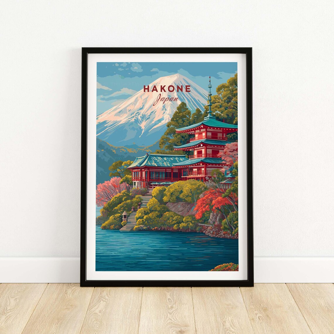 Hakone Japan Red Pagoda Mount Fuji Vintage Style Travel Poster